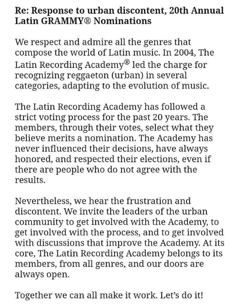 Comunicado oficial de la Academia Latina de la Grabación.