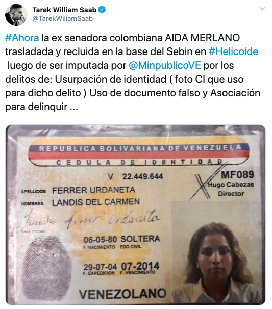 El trino del Fiscal General de Venezuela sobre Aida Merlano Rebolledo.