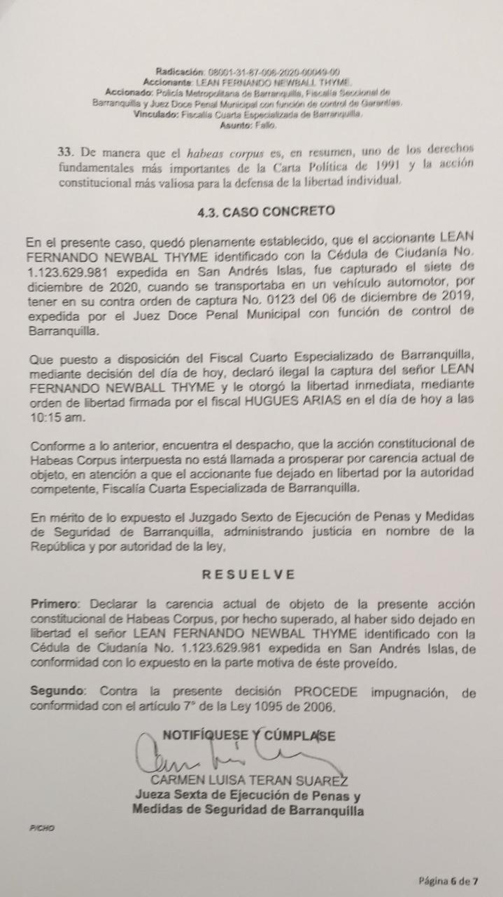 Este es el Habeas Corpus resuelto por Juzgado Sexto de Ejecución de Penas y Medidas de Seguridad de Barranquilla. 