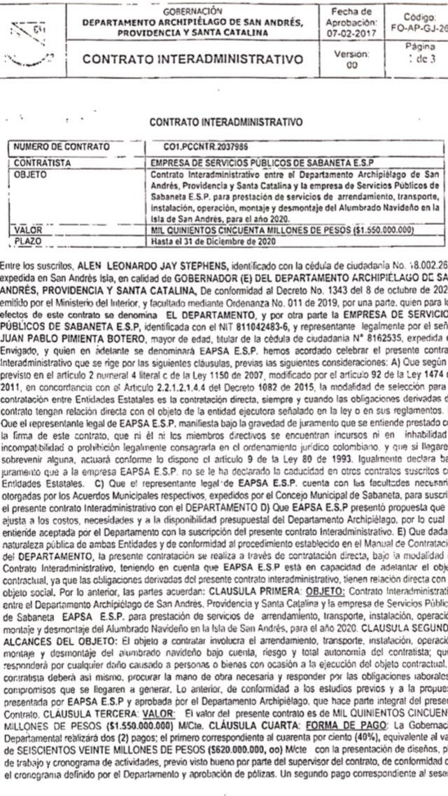 El contrato que firmó el gobernador encargado de San Andrés, Alen Jey Stephens.