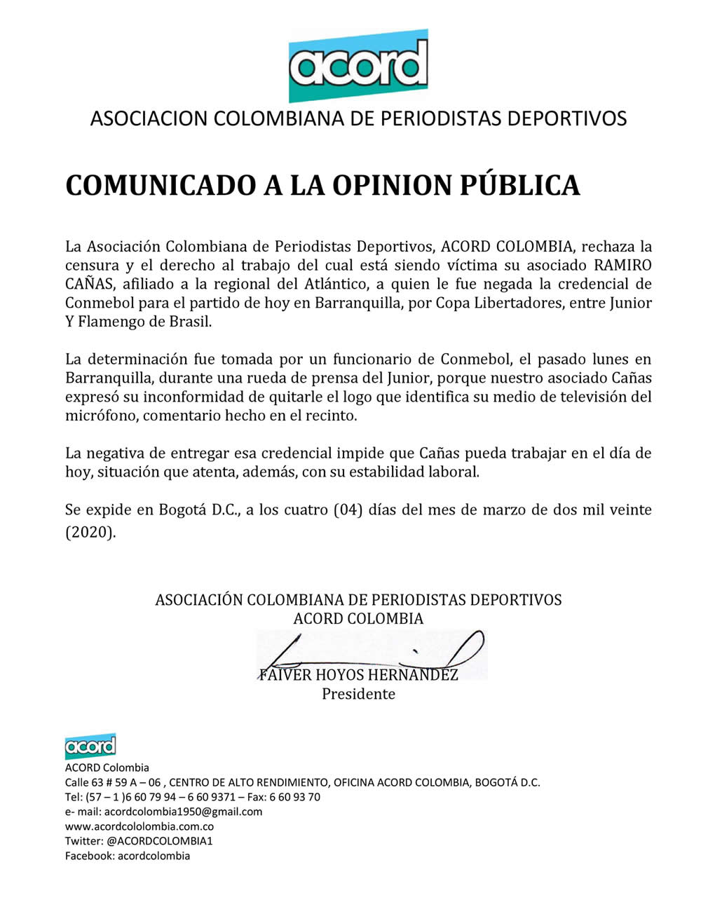 Comunicado a La Opinion Pública Ramiro Cañas