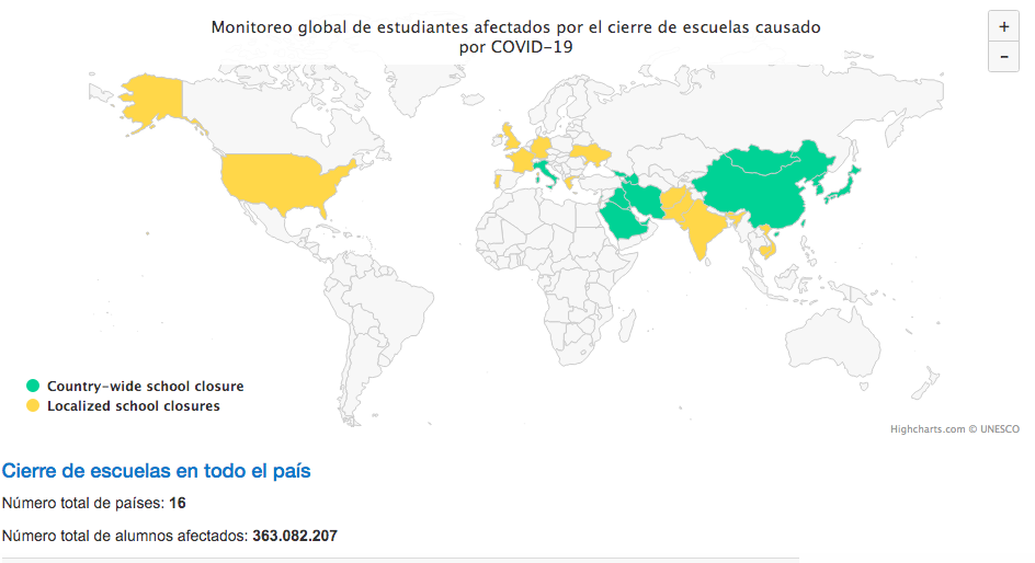 Los países de color verde cerraron por completo los colegios; los amarillos son países con algunas escuelas cerradas.