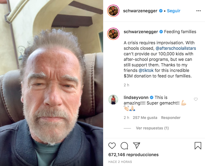 Arnold Schwarzenegger compartió la noticia en su cuenta de Instagram.