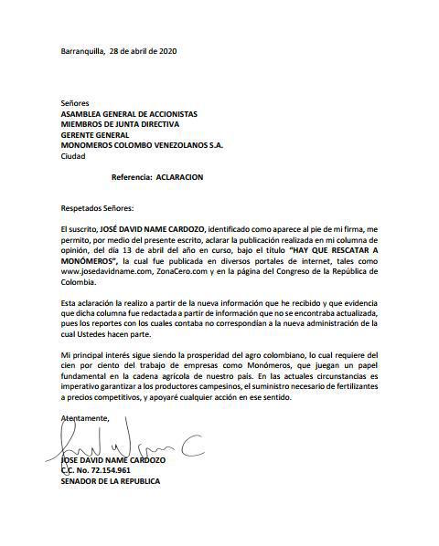 La carta del Senador José David Name a las directivas de Monómeros.