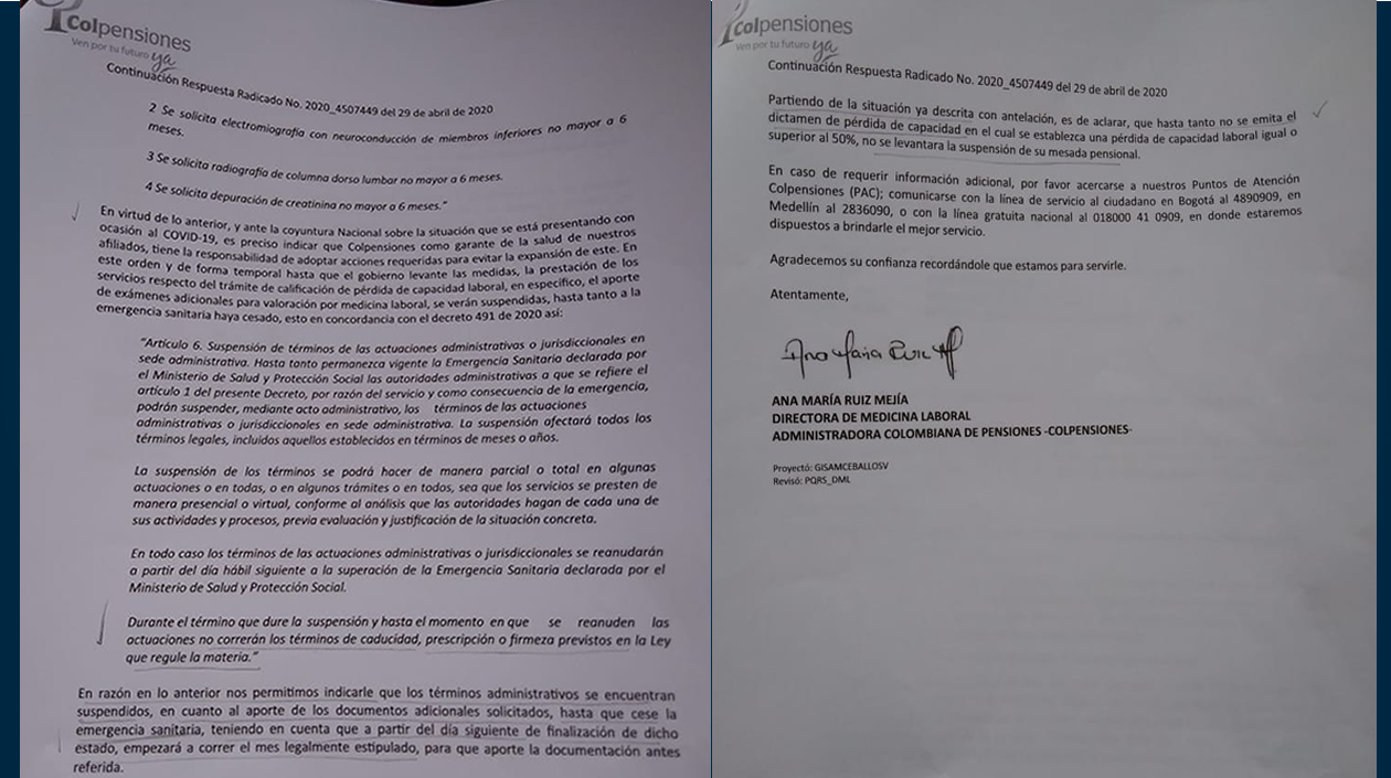 Esta es la carta que Colpensiones le entregó a Jairo argumentando el por qué le suspendida la mesada.