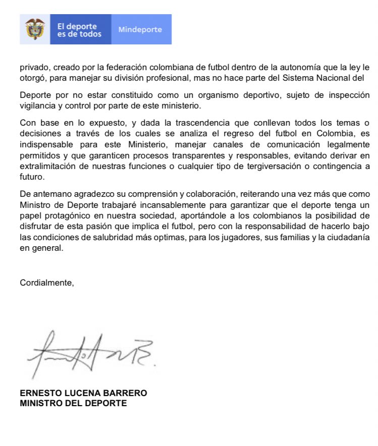 La carta que le envió el Ministro del Deporte, Ernesto Lucena a Ramón Jesurun, presidente de la Federación Colombiana de Fútbol.