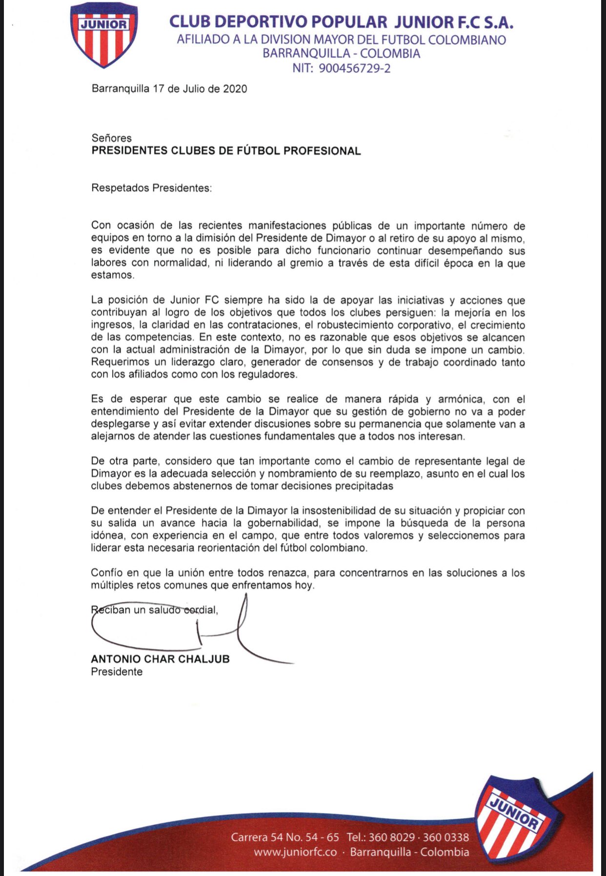 La carta de Junior, firmada por su presidente Antonio Char.