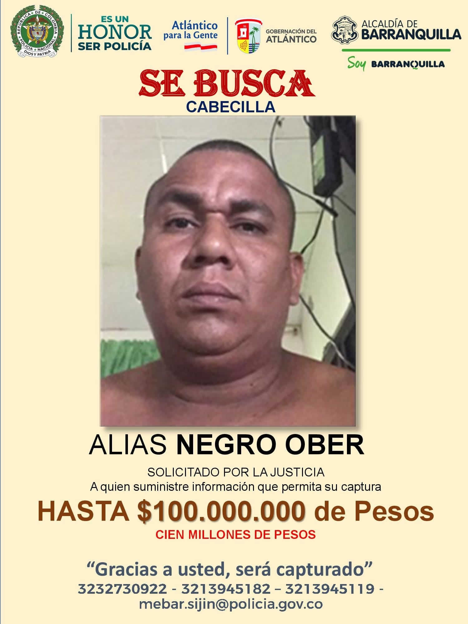 Alias 'Negro Ober' en el cartel del más buscado de Barranquilla.