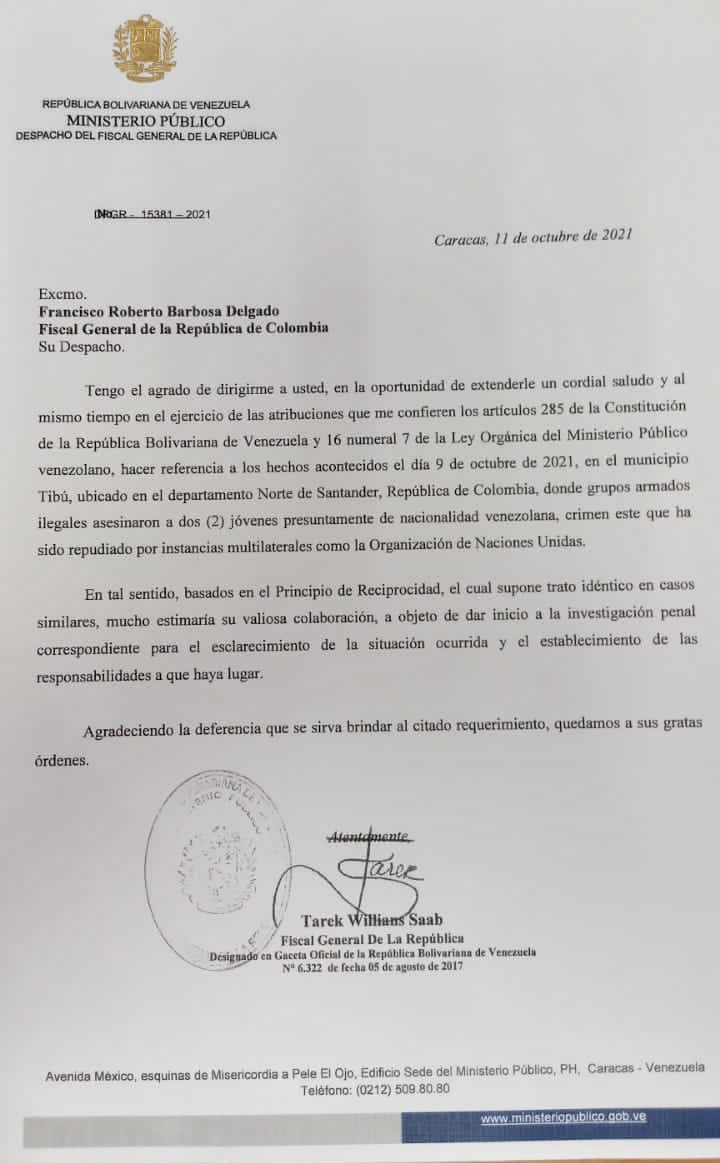 Comunicación remitida por el fiscal Tarek Saab al Fiscal de Colombia.