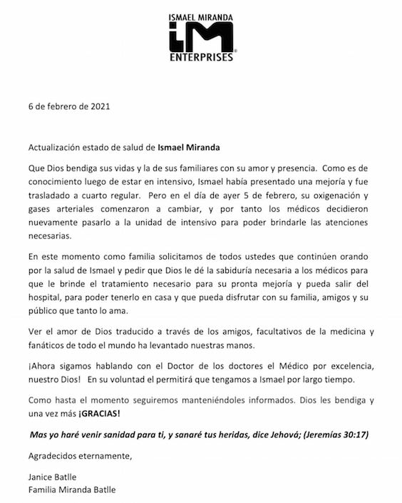 El comunicado de la familia de Ismael Miranda.