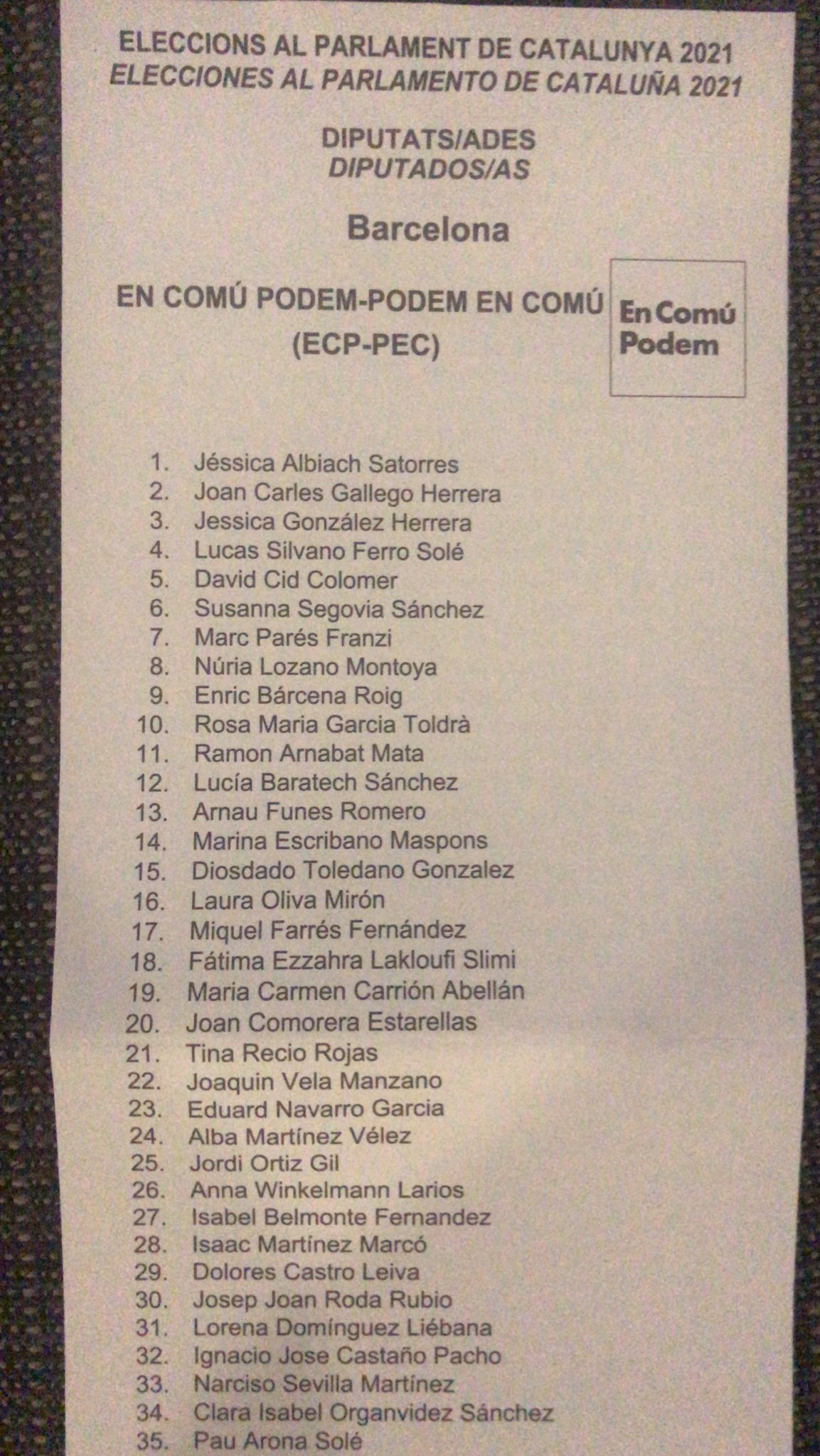 El listado del partido En Comú Podemos, con sus diputados. La barranquillera Jessica González, es la tercera. 