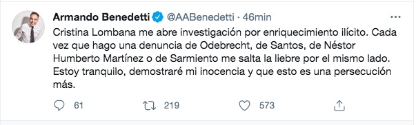 Reacción de Armando Benedetti.