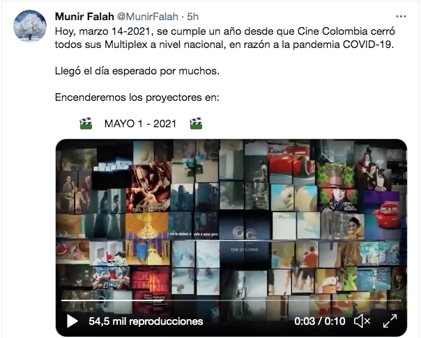 El anuncio del presidente de Cine Colombia.