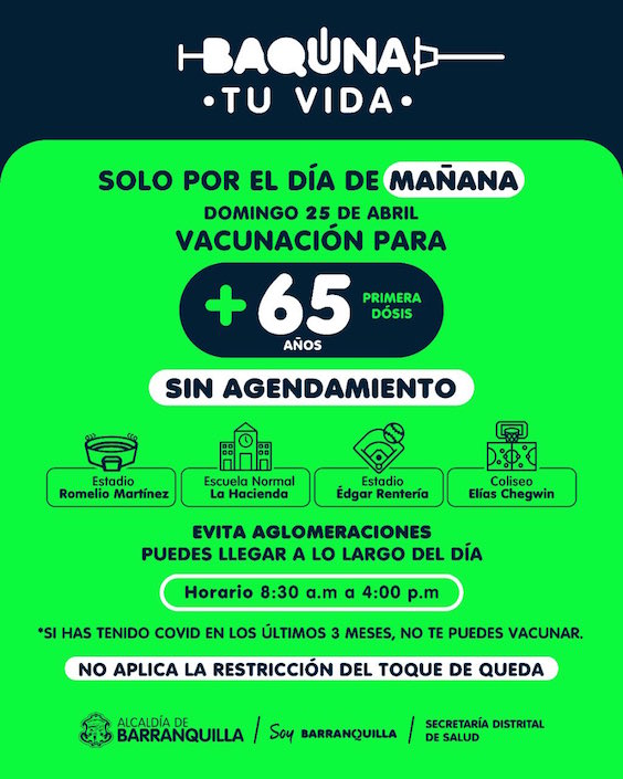 Los puntos de vacunación para mayores de 65 años este domingo en Barranquilla.