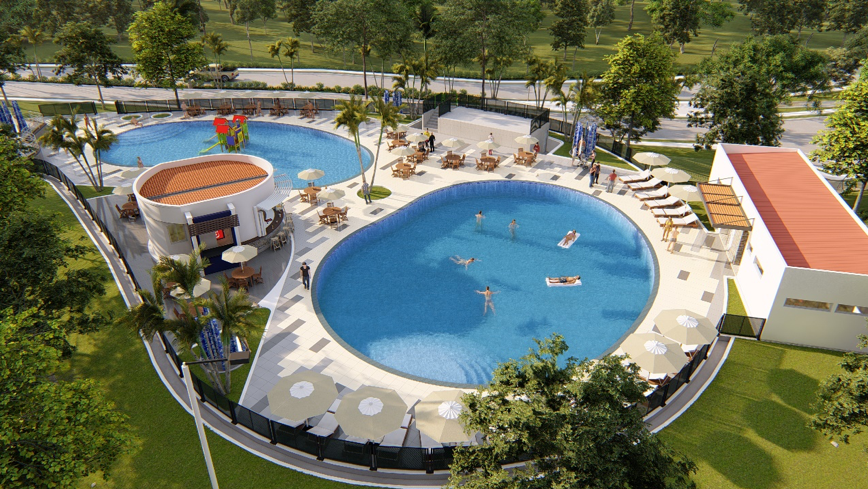 Área de piscinas del Poblado Campestre Lagomar, ideal para una tarde de bronceo.