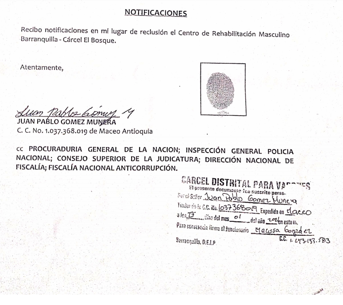 La denuncia tiene la firma y huella de Juan Pablo Gómez Múnera, alias 'Aristi'.
