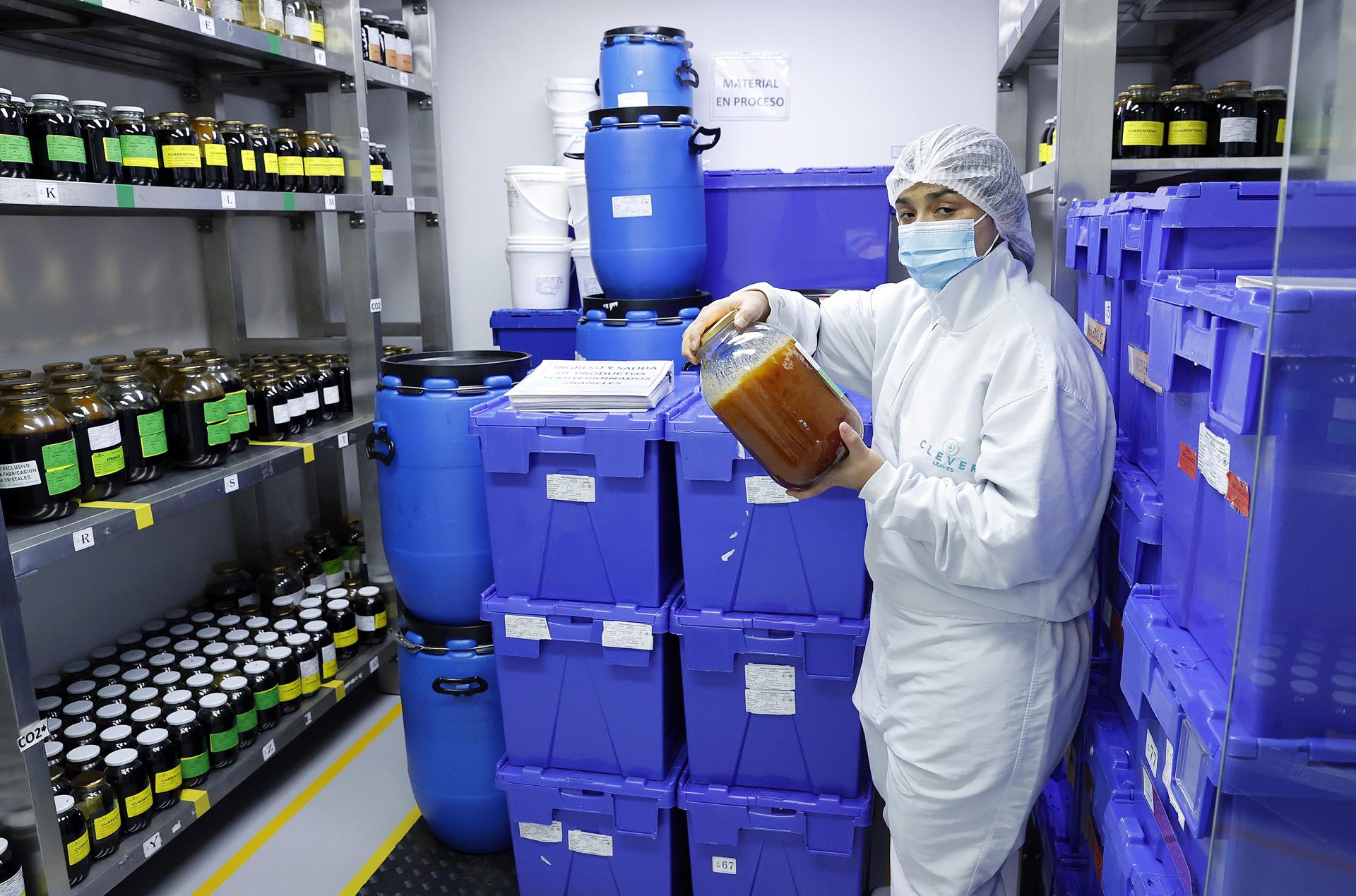 Un trabajador muestra un frasco con extracto de cannabis en el laboratorio de la empresa.