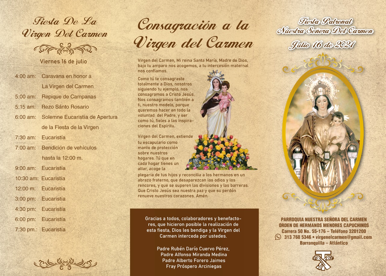Programación del viernes 16 de julio de la Iglesia Nuestra Señora del Carmen.