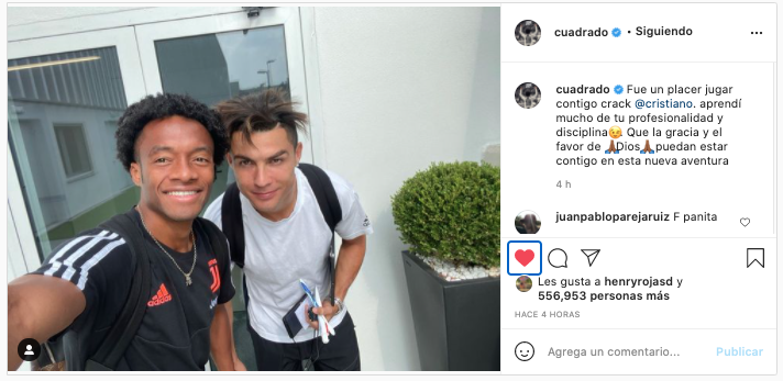 En su cuenta de Instagram, Juan Guillermo Cuadrado se despidió de Cristiano Ronaldo.