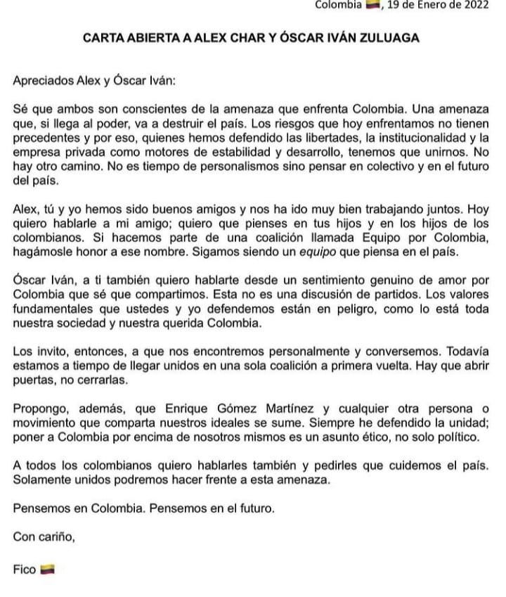 Esta fue la carta enviada por el candidato presidencial Fico Gutiérrez a Alex Char y a Óscar Iván Zuluaga.