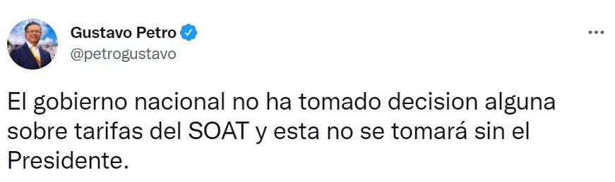 Tweet del Presidente Gustavo Petro.