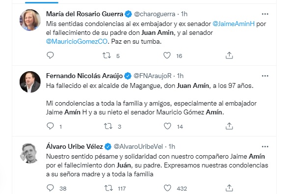 Algunos de los mensajes en Twitter sobre el fallecimiento de don Juan Amín.