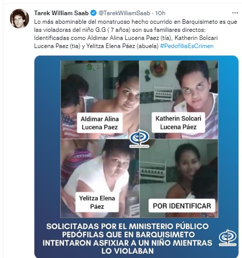 El trino del fiscal general co la foto de las 4 mujeres señaladas de pedofilia.