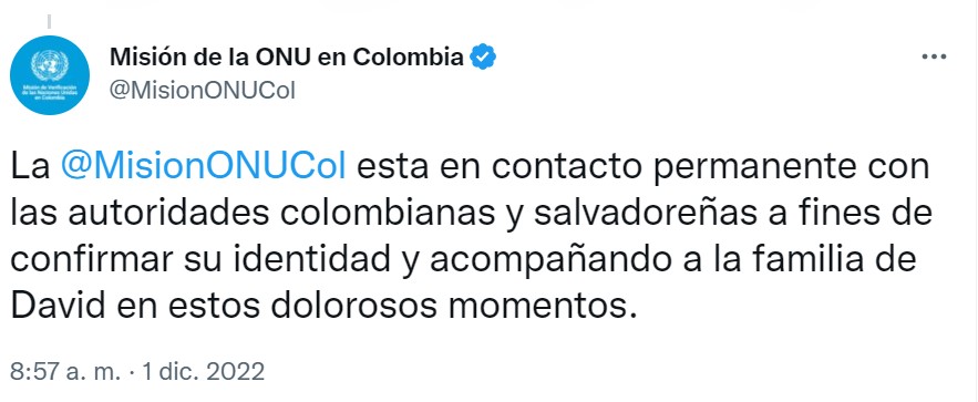 Tweet Misión ONU en Colombia. 