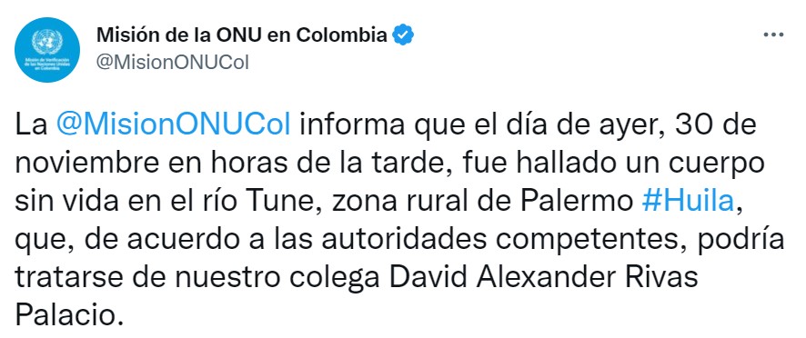 Tweet Misión ONU en Colombia. 