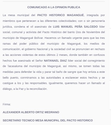 El comunicado de la mesa del Pacto Histórico de Magangué.