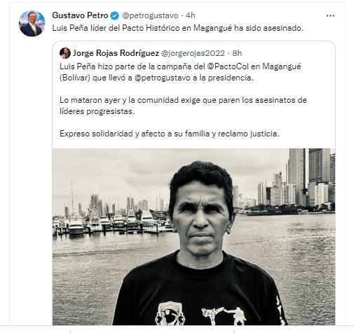 El trino del Presidente Petro sobre el asesinato de Luis Manuel Peña.