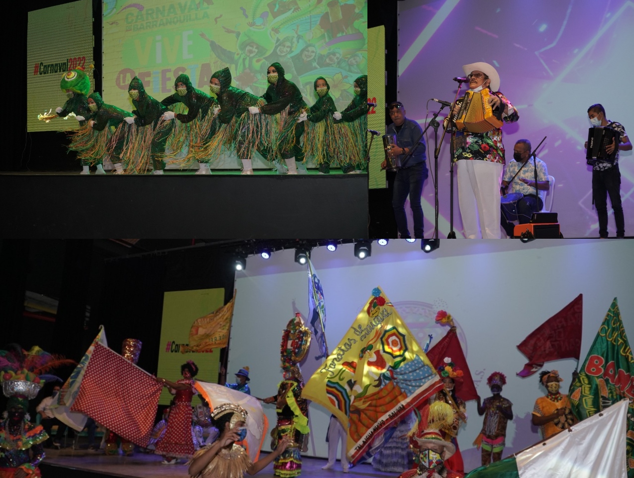 La Danza del Gusano de Carmen Meléndez, el músico Aníbal Velásquez y parte de los asistentes en la presentación del Carnaval de Barranquilla 2022.