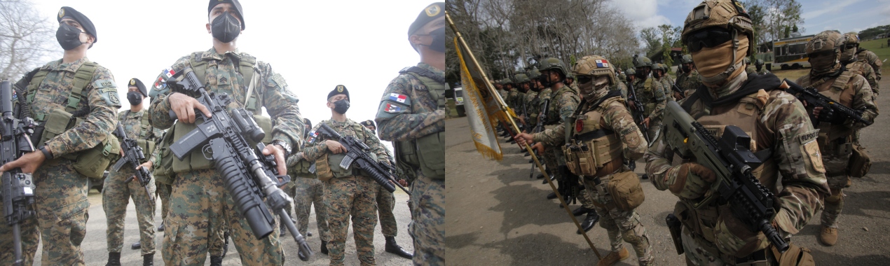 Miembros de las Fuerzas Armadas permanecen formados durante el lanzamiento de una campaña para el combate del narcotráfico y el crimen organizado en la espesa selva del Darién.