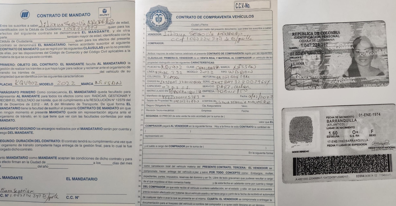 Los documentos falsos que usó Jairo Medina Vega para vender la camioneta.