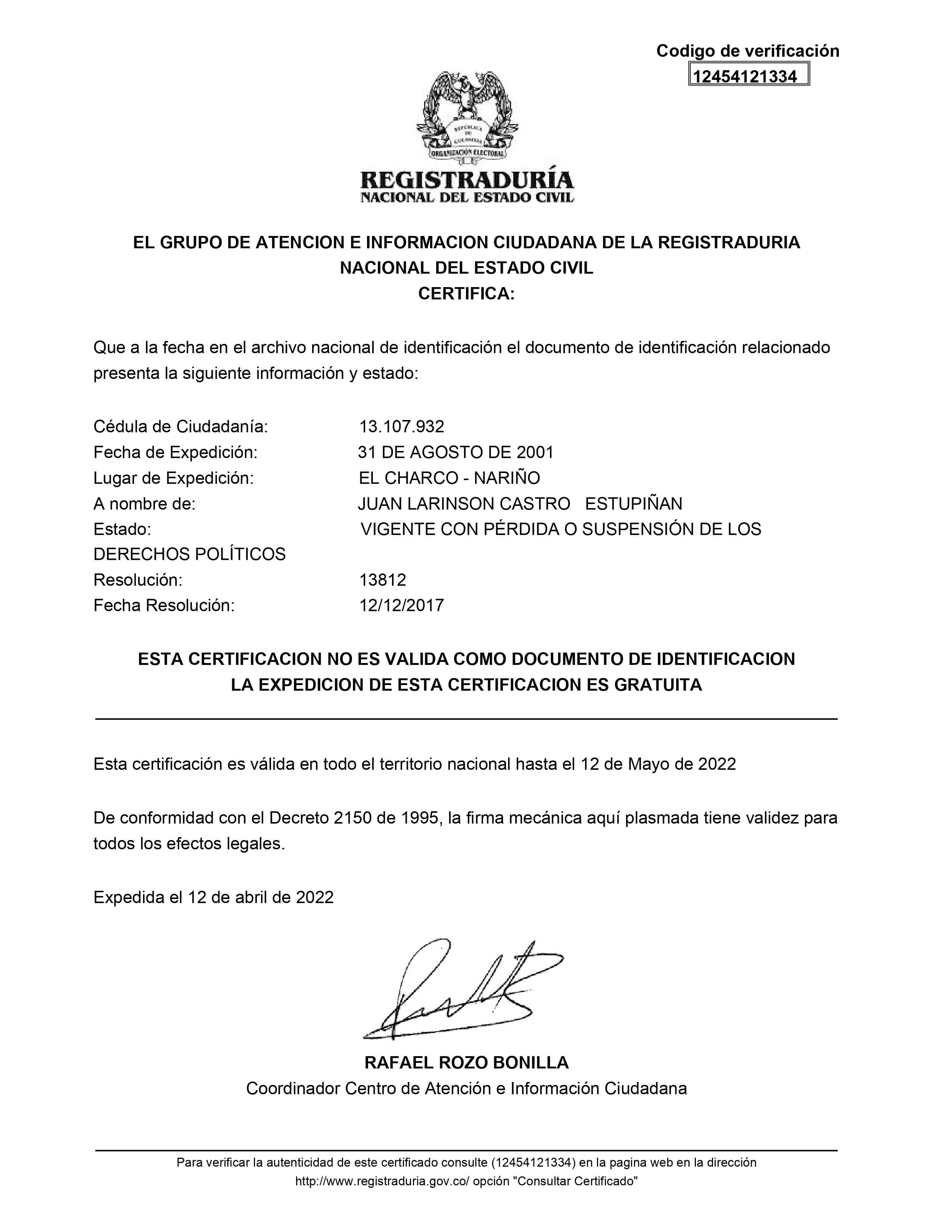 Certificación de la Registraduría sobre Matamba