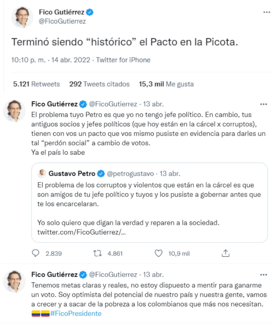 Los trinos del candidato presidencial Fico Gutiérrez sobre el "perdón social" de Petro.