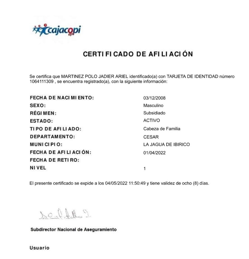 Certificado de afiliación de Jadier, que señala que se encuentra activo en Cajacopi. 