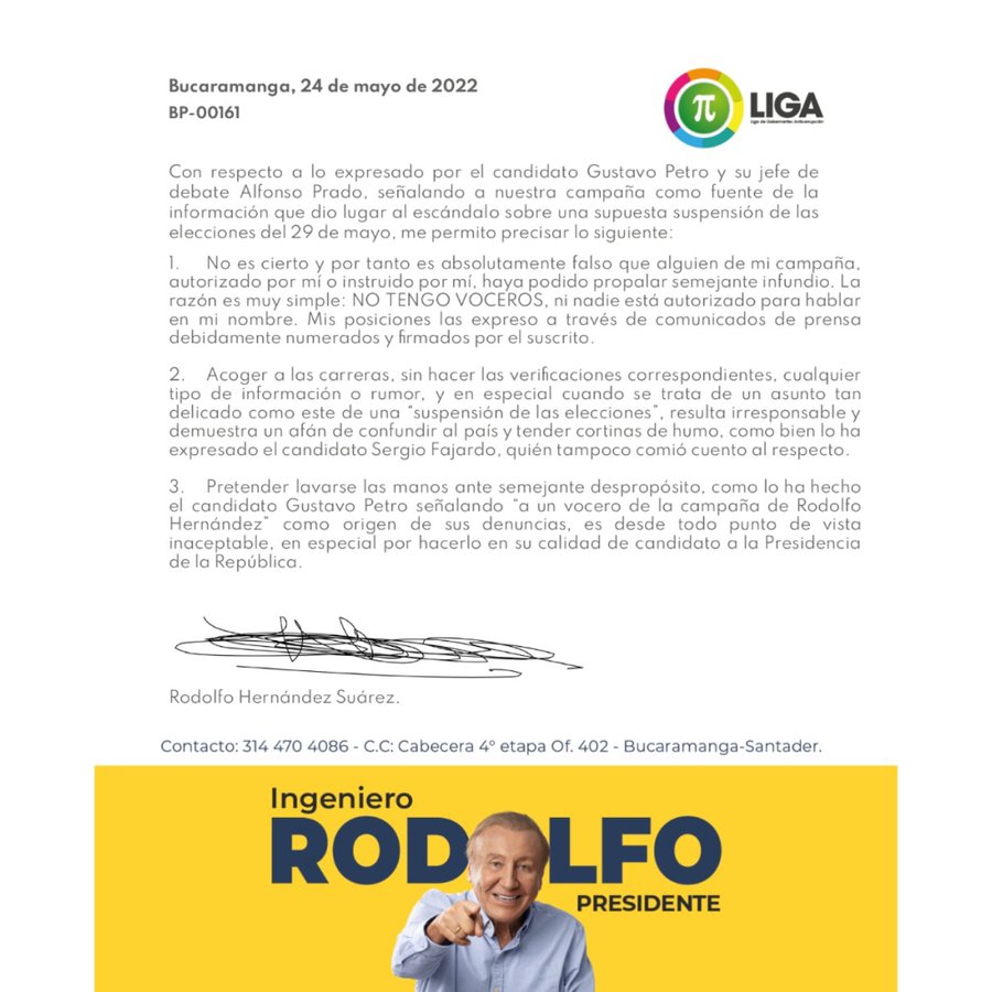 Comunicado de Rodolfo Hernández.