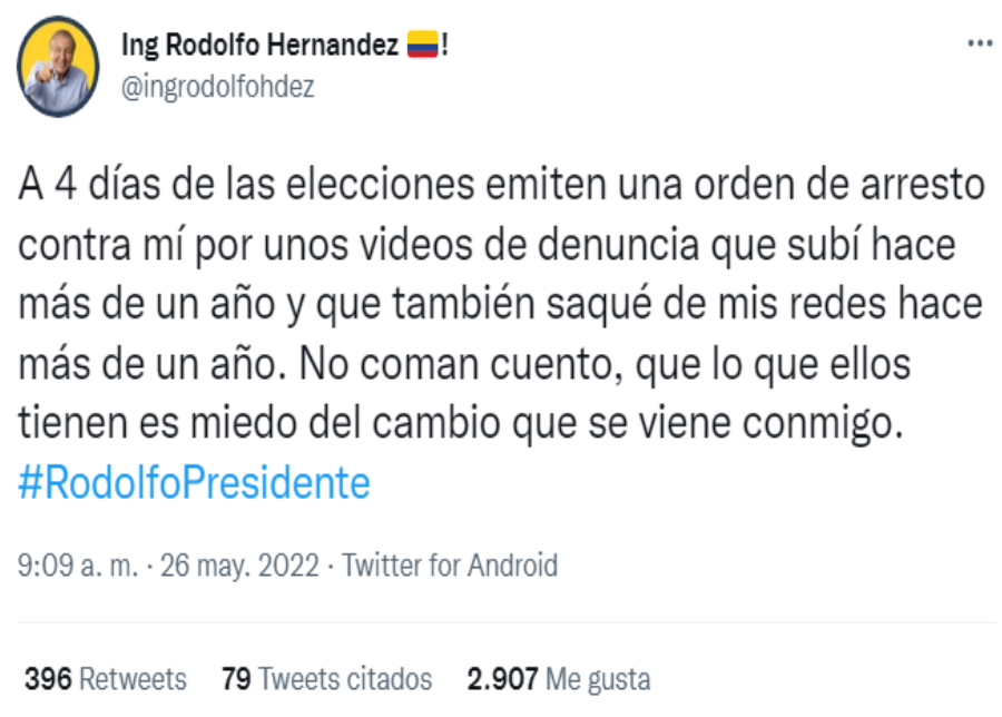 Tuit de Rodolfo Hernández.