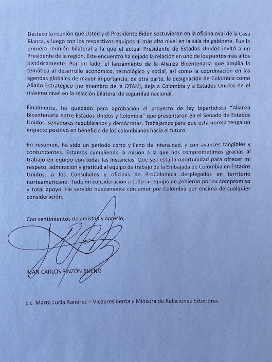 La renuncia del Embajador Juan Carlos Pinzón.