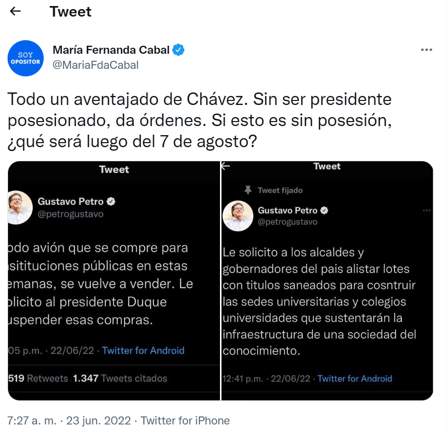 Tweet trinado por María Fernanda Cabal. 