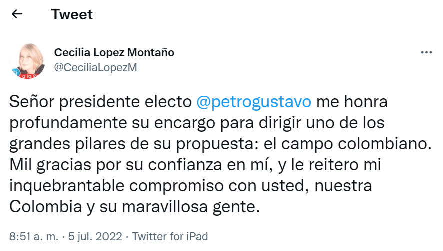 Tweet de Cecilia López.