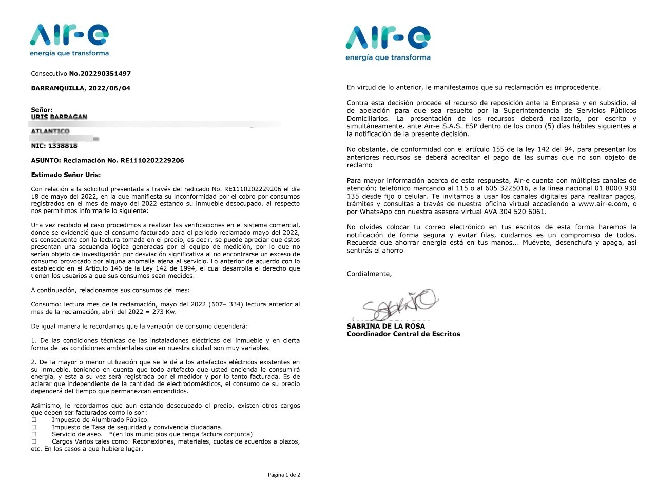 Derecho de petición respondido por la empresa Air-e al ciudadano afectado. 