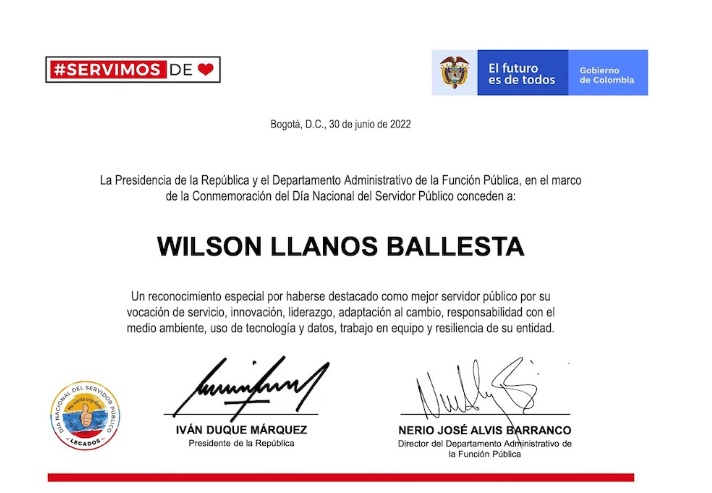 El diploma a Wilson Llanos firmado por el presidente Duque y el director del Departamento Administrativo de la Gestión Pública de la Presidencia de la República.