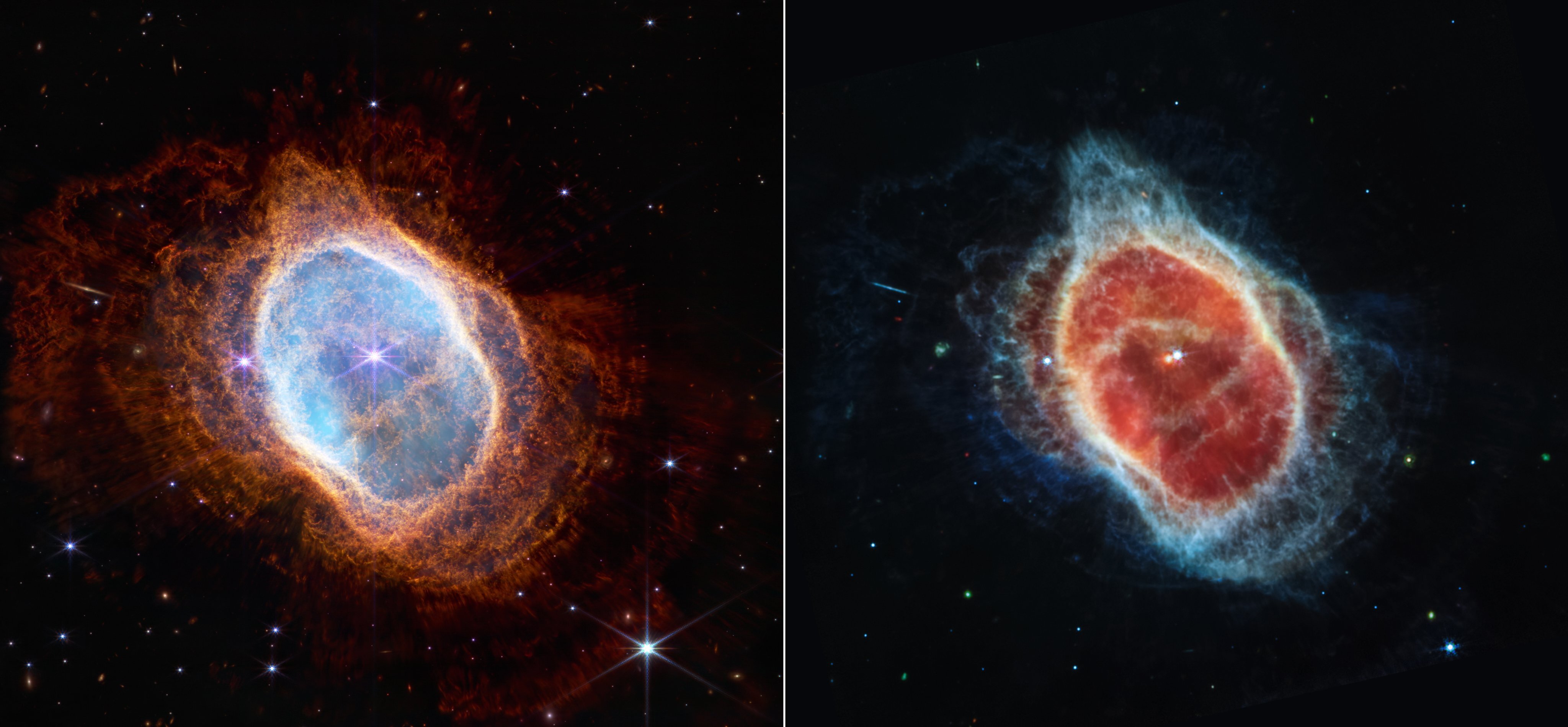 Imagen de la nebulosa del Anillo del Sur a 2.500 años luz, captada por el telescopio James Webb. 
