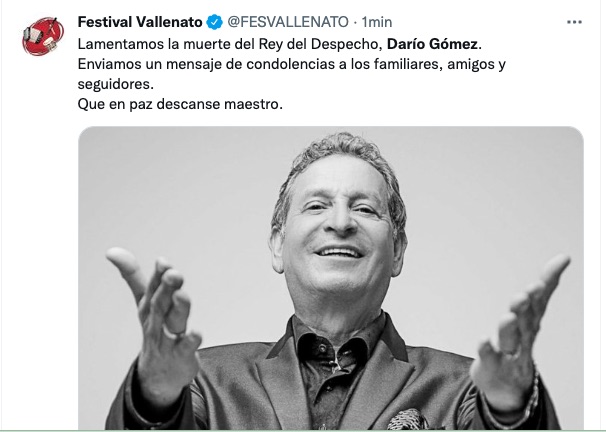El Festival Vallenato lamentando el fallecimiento.