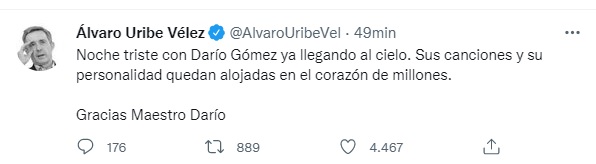 Las condolencias del expresidente Uribe Vélez.