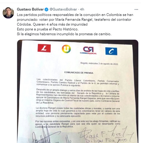El trino de Gustavo Bolívar.