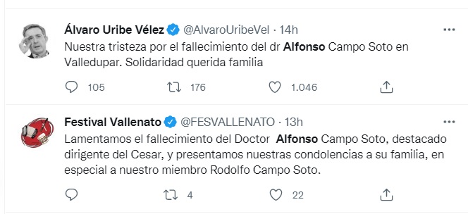Dos de los trinos sobre Alfonso Campo Soto, fallecido en Valledupar.
