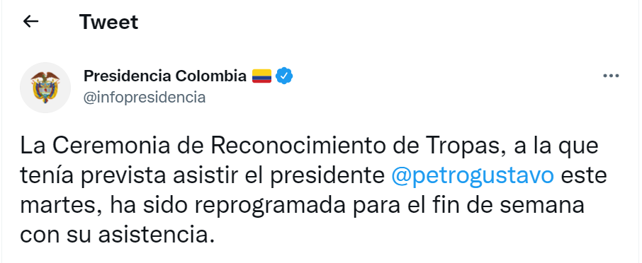 Tweet de la Presidencia de la República. 